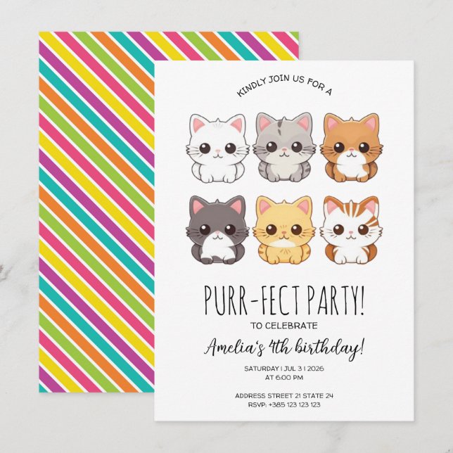 kawaii invitación a fiesta de cumpleaños de gatos (Anverso / Reverso)