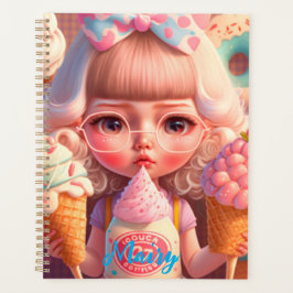 Kawaii lindo chica con cuaderno de helados