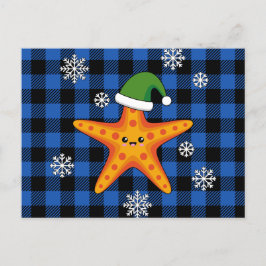 Kawaii Navidad Starfish en patrón de búfalo azul