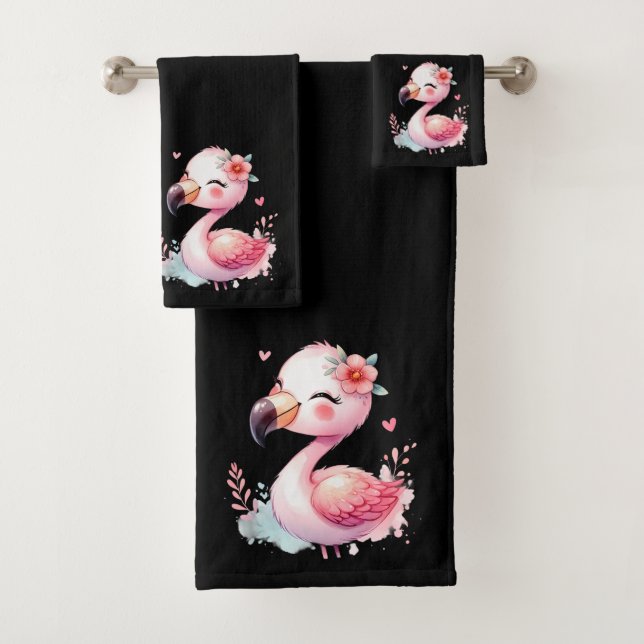 Kawaii negro con flamenco rosa bebé  (In situ)
