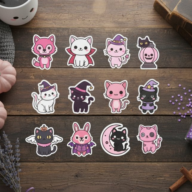 Kawaii Spooky Cat Pegatina Pack (Pastel Halloween Feline Friends & Witchy Kitties)