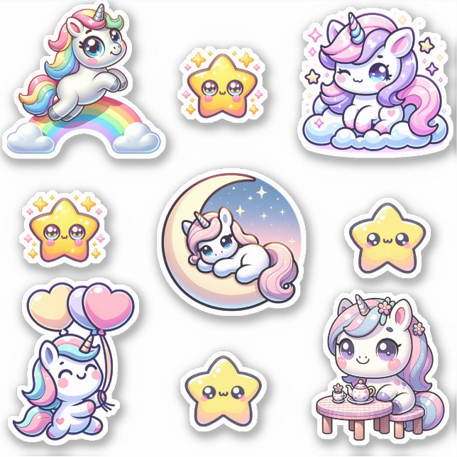 Kawaii Unicorn Fantasy Pegatina Pack (Anverso)
