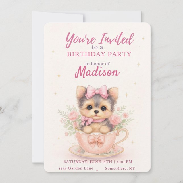Kawaii Yorkie Teacup Girl’s Birthday Invitation (Anverso)