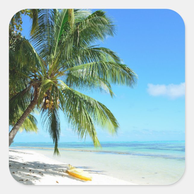 Kayak amarillo sobre un pegatina de playa de arena (Anverso)