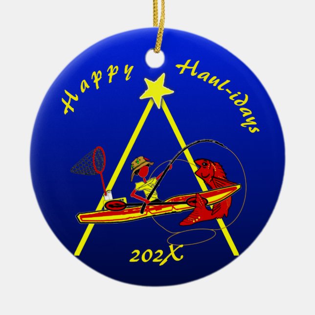 Kayak Pesca Feliz Haul-idays! Adorno de cerámica (Frente)