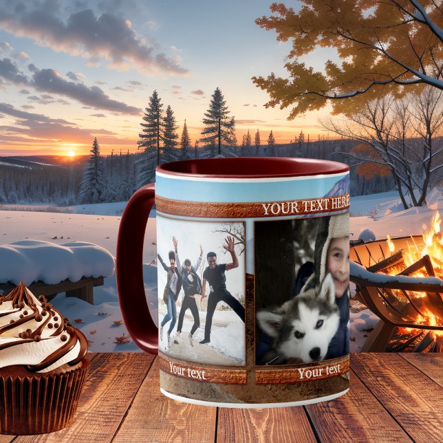 Keepsake 3 fotos de la taza de invierno personaliz (Personalized photo mug featuring 3 of your own favorite photos on a mountain image background)