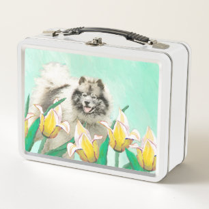 Keeshond en tulipanes pintando arte original del p