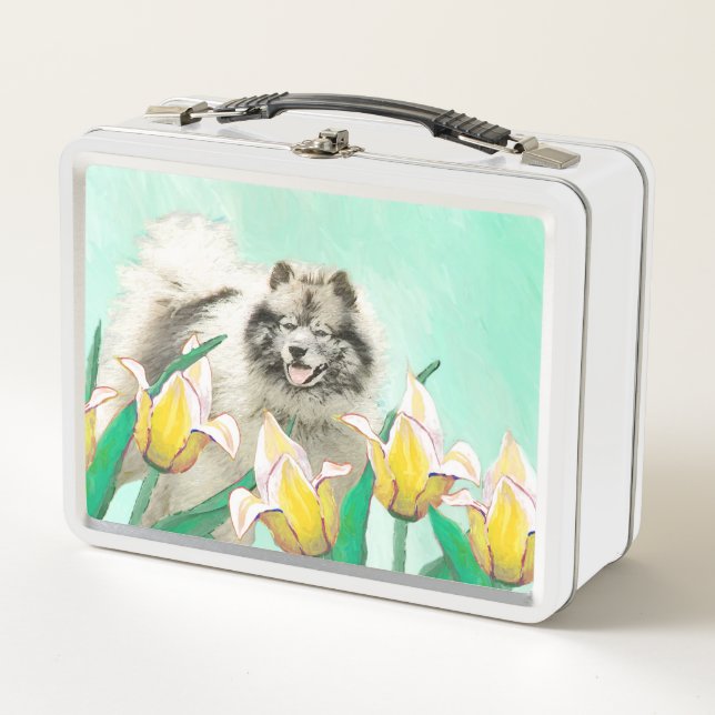 Keeshond en tulipanes pintando arte original del p (Anverso)