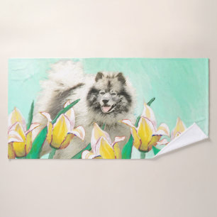 Keeshond en tulipanes pintando arte original del p
