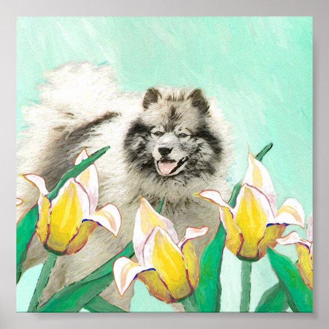 Keeshond en tulipanes pintando arte original del p (Frente)
