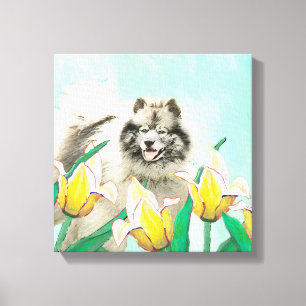 Keeshond en tulipanes pintando arte original del p