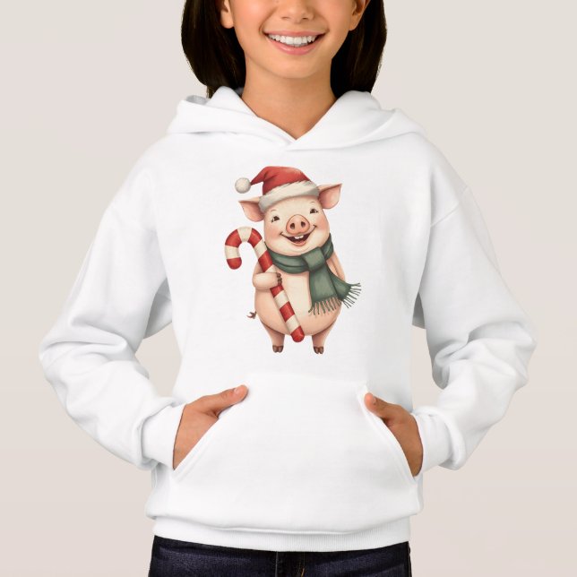 Kids Cute Christmas Pig with Candy Cane Hoodie (Anverso)