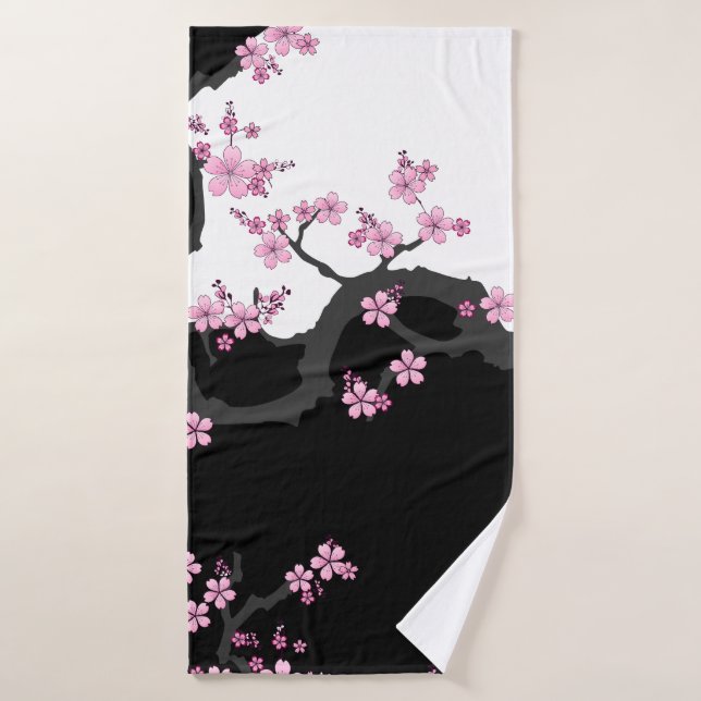 Kimono japonés Sakura negro y rosa blanco (Toalla de baño)