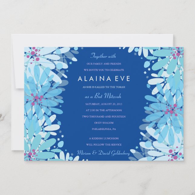 KINDA AZUL FLOWERS Bar Bat Mitzvah Invitación (Anverso)