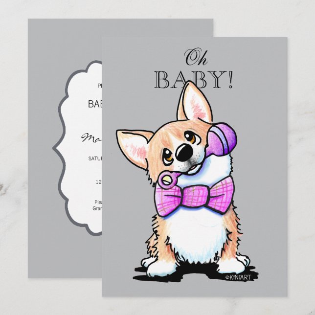 KiniArt Corgi Invitaciones rosas y grises (Anverso / Reverso)
