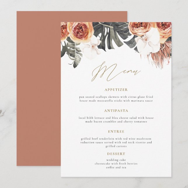 KINSLEY Boho Terracotta Boda Floral Menú de cena (Anverso / Reverso)