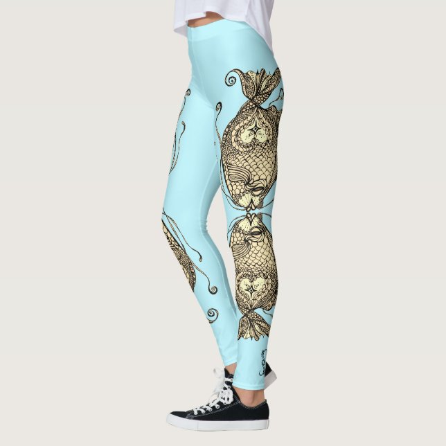 Kissing Fish Art Aqua Sepia Leggings (Izquierda)