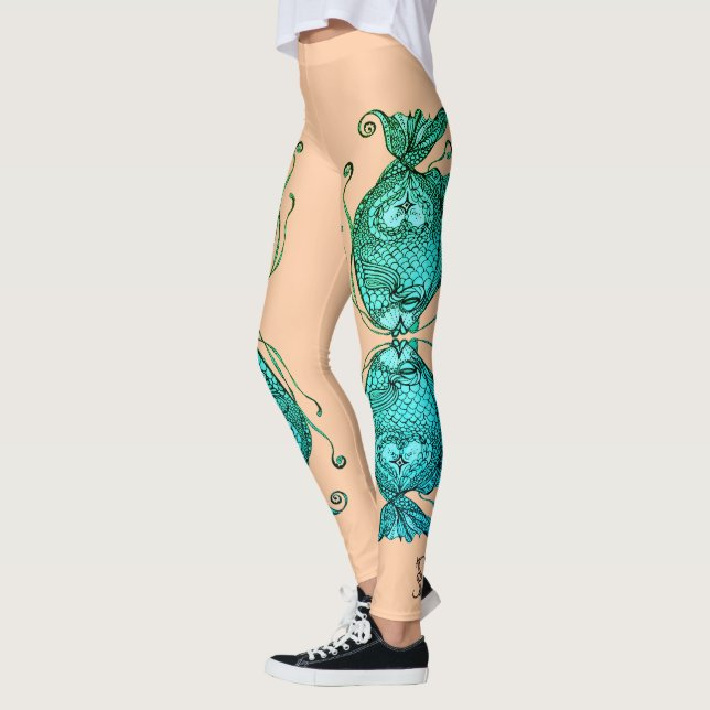 Kissing Fish Art Peach Teal Leggings (Izquierda)