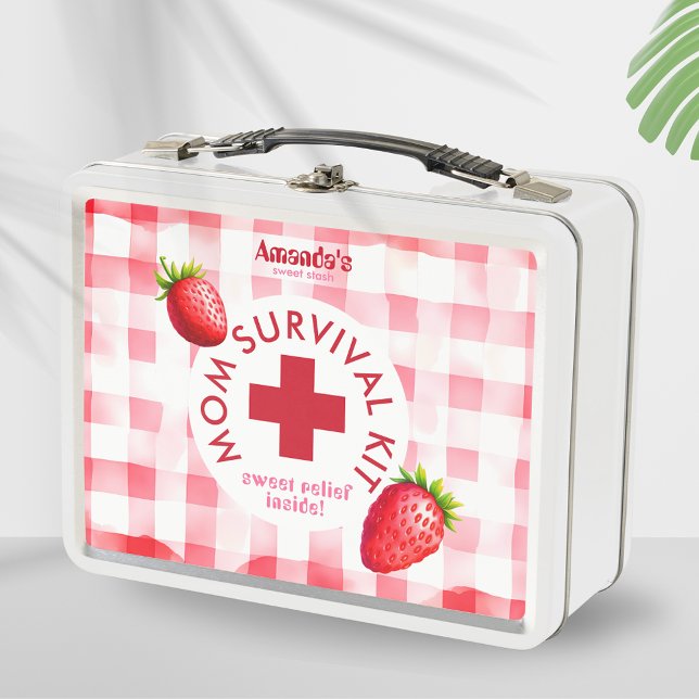 Kit de supervivencia de mamá Regalo Recién nacido  (Mom survival kit new baby shower gift tin box diy idea strawberry gingham mother fun retro hamper)