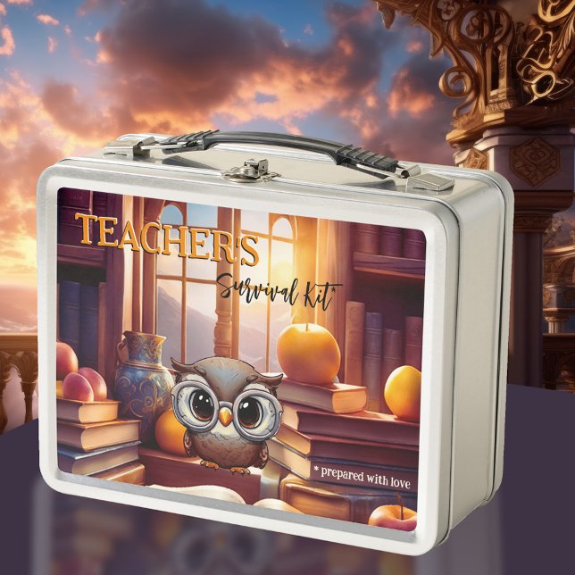 Kit de supervivencia del profesor Oveja Libros de  (Teacher Lunch Box featuring a funny design with an owl surrounded by books and lots of apples.)