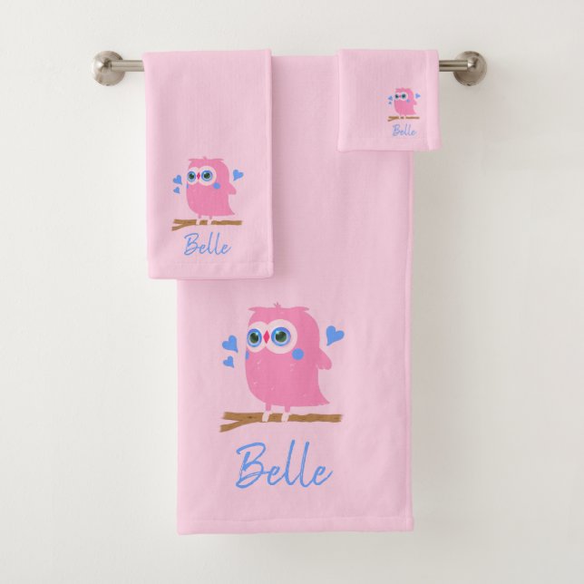 Kit de toallas de baño de búho rosa personalizado (In situ)
