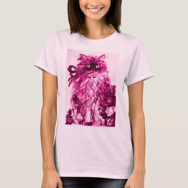 KITTEN CON ROSAS, Camiseta Blanca Fuchsia Rosa (Anverso)