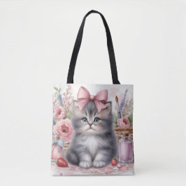 KITTEN DE FLUFFY CON FLORES Y UNA BOLSA ROSA