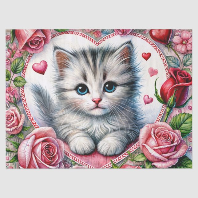 Kitten de San Valentín con Rosas Papel de Seda (Anverso)