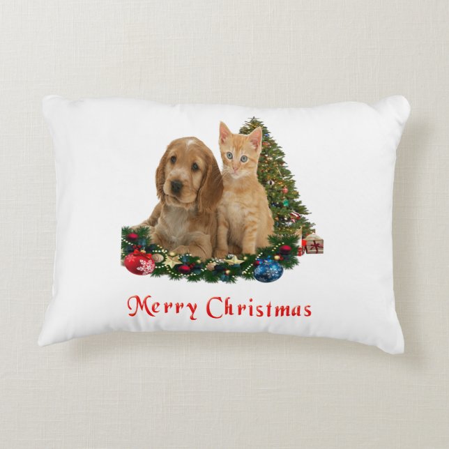 Kitten y cachorro alegre almohada de Navidad (Reverso)