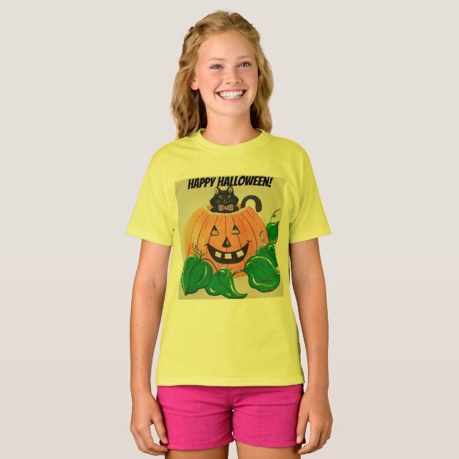 Kitty en la camiseta de Halloween con calabaza (Anverso completo)