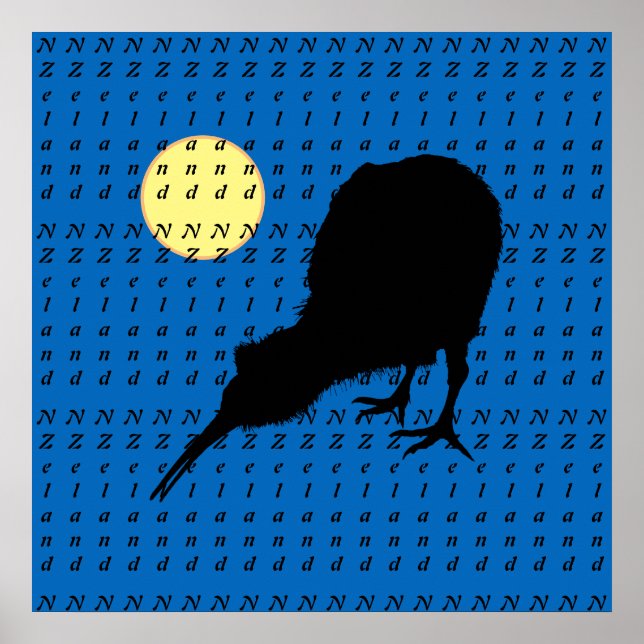 Kiwi Bird, Moon & New Zealand texto/Bro Posters (Frente)