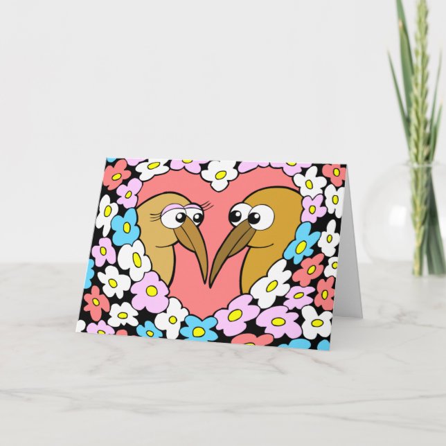 Kiwi Valentine con flores Tarjeta de saludo (Anverso)