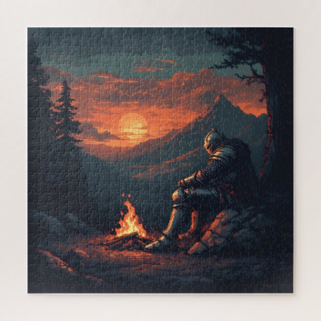 Knight’s Rest by the Fire – Fantasy Sunset Puzzle (Vertical)