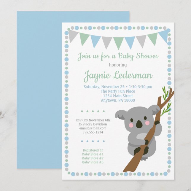 Koala Bear Invitación Baby Shower Niños con Moneda (Anverso / Reverso)