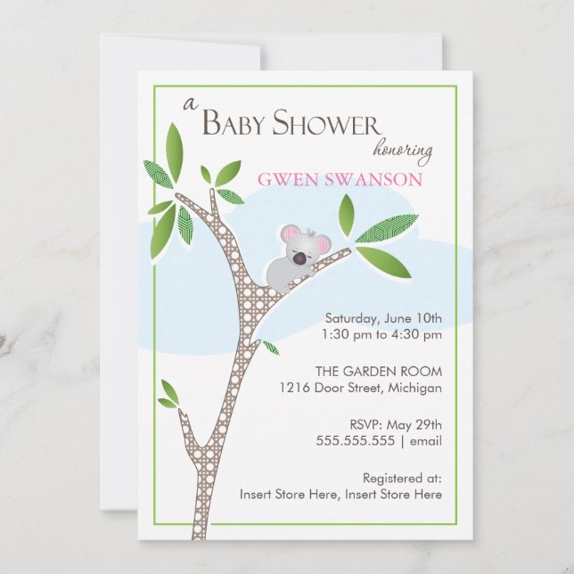 Koala Bear - Invitación Chica a Baby Shower (Anverso)