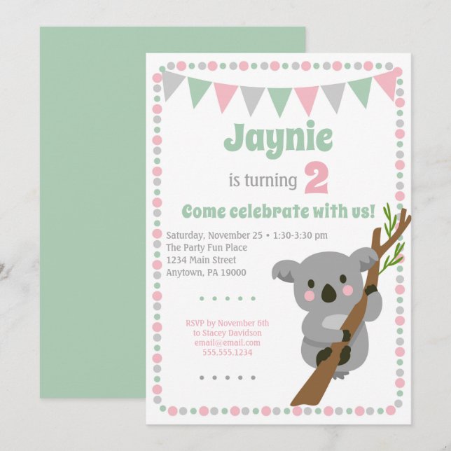 Koala Bear Invitación lindo Fiesta de cumpleaños (Anverso / Reverso)