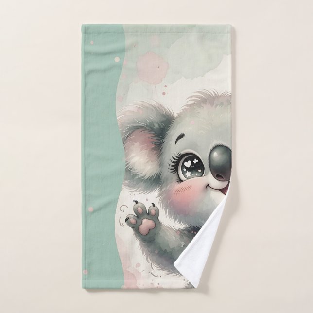 Koala Bebé Saludando – Verde Turquesa y Crema Divi (Toalla de mano)
