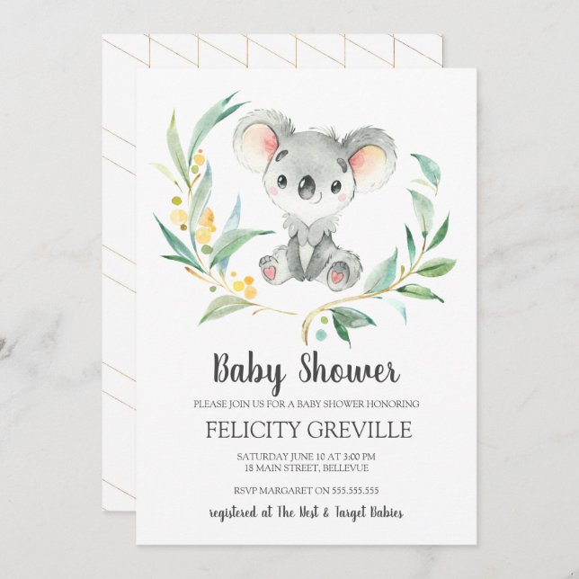 Koala Bush Baby | Invitaciones a la ducha para beb (Anverso / Reverso)