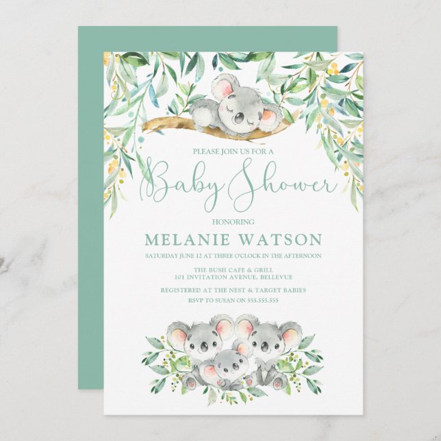 Koala Bush bebe invitaciones a la ducha para bebés (Anverso / Reverso)