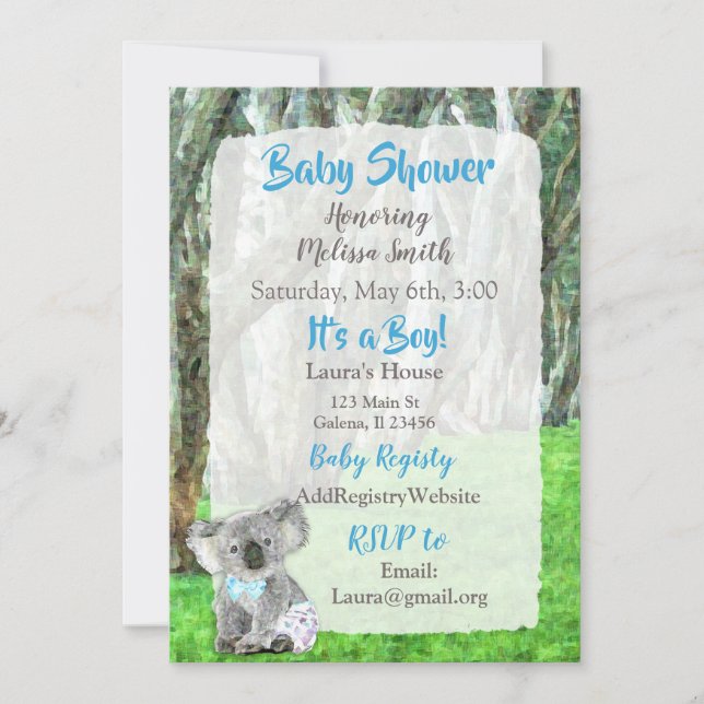 Koala lleva invitaciones a una ducha para niños (Anverso)