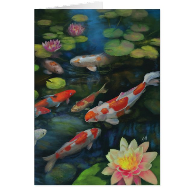 Koi Pescado Natación Lotus Flor Pond Zen Pintura (Frente)