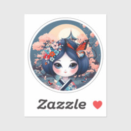 kokeshi con paisaje azul, pegatina kokeshi