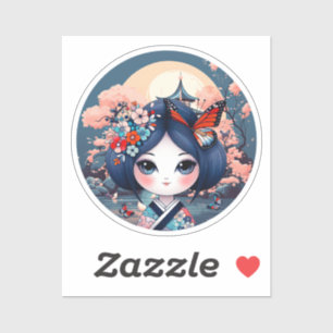 kokeshi con paisaje azul, pegatina kokeshi