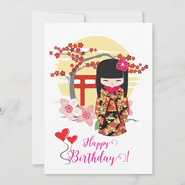 Kokeshi Doll Happy Birday Card (Anverso)