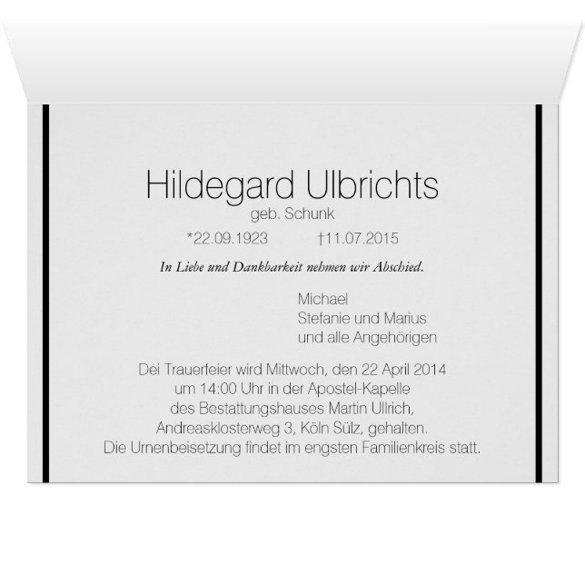 Kondolenzkarte dezent (Adentro Horizontal (Parte inferior))