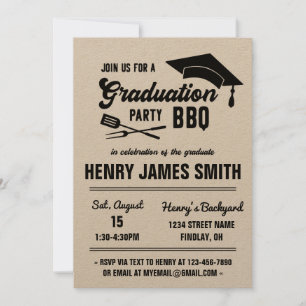 Kraft Black Modern BBQ Graduation Party Invitación