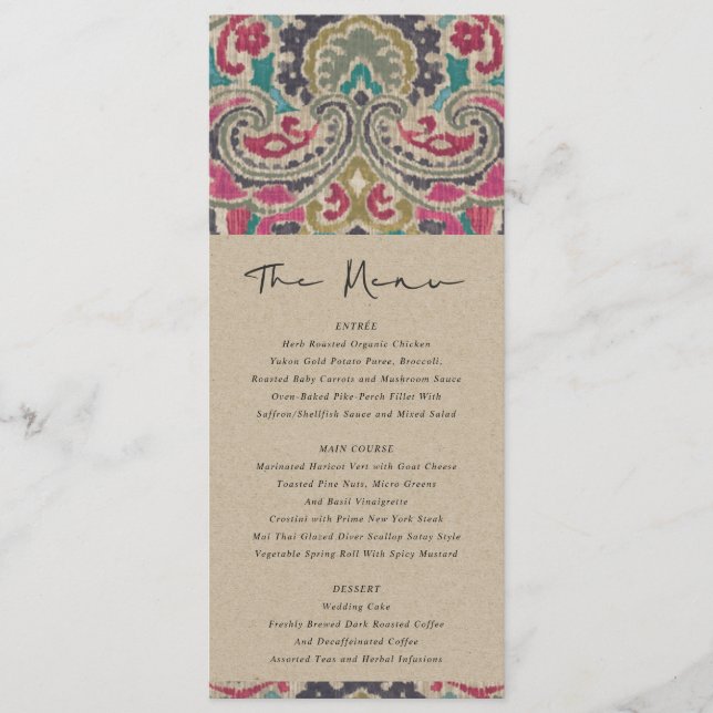 KRAFT BOHO TRIBAL IKAT MENÚ DE BODA VERDE AZULADO  (Anverso)