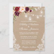 Kraft Burgundy Floral Lace Lights Wedding Invite a