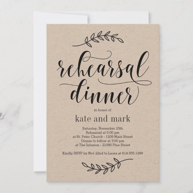 Kraft de invitación a cena de ensayo de elegancia  (Anverso)