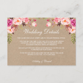 Kraft Floral Boda rosa Detalles Insertar tarjeta